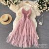 Top de tirantes sexy tipo tubo vestido de malla ropa de mujer otoño e invierno punto costura lindo esponjoso falda de pastel longitud media