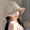 Chapéu de Palha Colorido com Contas de Borda Ondulada para Mulheres, Chapéu de Proteção Solar para Praia no Verão, Chapéu Versátil Fashionável de Palha Trançada com Aba Larga