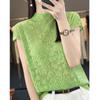Camiseta de verano para mujer, elegante, fina, hueca, de punto, con cuello alto y manga corta, de encaje de lana peinada
