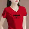 Camiseta de Manga Corta con Cuello en V para Mujer de Comercio Exterior con Descuento, Estilo Coreano, Moderna, Corte Holgado, Adelgazante, Casual, Top de Moda