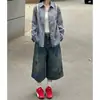 Pantalones Vaqueros Cortos Bordados Estilo Retro Divertido Americano para Mujer, Verano Vintage Lavados Sueltos Rectos Casuales Versátiles