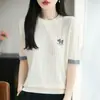 Camiseta Retro de Tricô Fino com Bloco de Cores e Organza, Manga Curta para Mulheres, Solta e Emagrecedora, Top Vintage de Tricô Trançado para o Verão