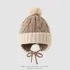 Gorro infantil de bloques de color para otoño e invierno con pompón grande, gorro de lana con cordones para niños y niñas