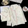 Conjunto de loungewear infantil estilo lapela, tecido fino para primavera e outono, cardigã de manga longa, pijama de algodão estilo coreano com estampa de nuvens para meninas