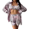 2026 Novo Estilo Camisola Estampada de Seda Sintética, Shorts de Alça, Conjunto de Três Peças, Pijama Macio e Fresco, Roupa de Casa Europeia e Americana para Mulheres