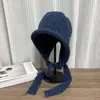 Chapéu de tricô quente de cor sólida com amarração para outono e inverno feminino, chapéu de tricô simples e versátil, chapéu de lã à prova de frio e protetor de orelhas