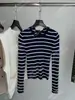 Liquidación 100Moda Francesa Alta Gama Lujo Seda Ajustado Rayas Corbata Cuello Redondo Elegante Manga Larga Jersey