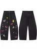 Jeans Bordado Cartoon Retro Americano para Homens e Mulheres, Nova Moda High Street 2026, Calças de Cintura Alta Largas Estilo Streetwear Bf