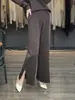 Pantalones de punto para mujer de lana 100%, de pierna ancha, ajustados, de cintura alta, con hebilla, color liso, sólidos, de moda, para ir al trabajo