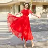Vestido Amassado de Brocado 2005 Manga Curta Verão Exportação Europeia e Americana Amazon Saia de Praia para Férias na Beira-Mar Feminino