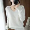 Otoño Invierno Nuevo Estilo Tejido para Mujer Cuello en V Manga Larga Suéter Top Color Sólido Estilo Coreano Holgado Capa Base Adelgazante Delgado