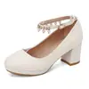 Novos Sapatos de Salto Alto Bloco com Bico Redondo e Decote Baixo com Estampa de Pérolas, Sapatos Femininos Simples e Profissionais, Tamanhos 30-43, Sapatos de Comércio Exterior