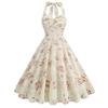 Vestido Elegante de Estilo Retro Europeo y Americano Hepburn con Estampado Abstracto de Rosa, Espalda Descubierta, Cintura Alta, Cuello con Vuelo Grande, Vestido de Playa para Mujer