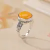 Anel Yilu de Prata Esterlina S925 com Âmbar, Estilo Vintage, Vajra Antigo, Padrão de Nuvem, Formato Redondo, Novo Anel de Prata Feminino Estilo Chinês