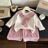 Traje Dopamina Estilo Coreano para Niñas Otoño 2025 Nuevo Casual Chal Rayado para Niños Pantalones de Pierna Ancha Conjunto de Dos Piezas Duradero