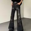 Jeans negros de microcampana vintage de corte limpio con pliegues y estampado de relámpagos para hombre, pantalones apilados lavados y desgastados