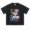 Camiseta Lavada com Estampa Desgastada Manga Curta Retro Americano Anime Solta Ombro Caído Gola Redonda Marca Tendência Verão Manga Longa Manga Curta