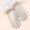 Luvas Quentes Femininas Moda Outono e Inverno Fofas Bordadas Boca de Cabelo Com Veludo Engrossado À Prova de Frio Luvas de Ciclismo para Tela de Toque