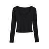 Nova Camiseta Curta Slim Fit Outono e Inverno 2024 Sexy Renda Patchwork Manga Longa Camisa Base Top