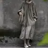 Vestido de Outono 2026 Novo Algodão Linho Artístico Solto Emagrecedor Patchwork Cordão Manga Lanterna Tamanho Grande
