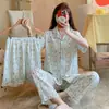 Conjunto de Pijama de Algodão Nuvem para Mulheres, Três Peças, Primavera/Verão, Cardigã com Lapela, Manga Curta, Shorts, Calça Longa, Roupa de Casa Casual para Adolescentes, Alto Volume
