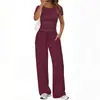 2026 Amazon estilo europeo y americano simple cuello redondo manga corta cordón pierna ancha pantalones casual conjunto de dos piezas para mujer en stock