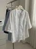 Camisa de Manga Corta de Algodón Puro con Cuello en V Estilo Coreano para Mujer, Blusa Retro Artística de Manga Media, Top Cárdigan de Verano