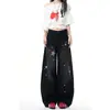 Calça jeans feminina wide leg com estampa de estrelas pretas, novo estilo outono, design único, corte solto, lavada, comprimento total