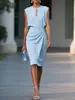2026 Nuevo vestido de moda elegante de color liso ajustado con cuello redondo para mujer, sitio independiente de Amazon transfronterizo europeo y americano