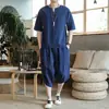 Traje de camiseta de manga corta de algodón y lino Conjunto de dos piezas de lino de verano Estilo japonés retro estilo chino de moda Marca Pantalones cortos holgados recortados