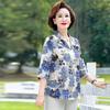 Camisa de Chiffon Floral de Lapela de Verão para Mãe de Meia-Idade Camisa de Manga Três Quartos Cardigã de Verão Feminino Camisa de Manga Média Top Estilo Ocidental