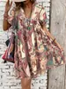 Vestido Camadas Babados Plissados Estampa Paisley Boêmio Europeu e Americano com Decote V e Mangas Curtas Bufantes da Amazon