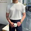 Camiseta Masculina de Tricô Listrada de Seda Gelada de Manga Curta para o Verão, Leve, Respirável, Versátil, Elástica, Slim Fit