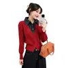 Conjunto de dos piezas de punto patchwork de mezclilla de diseñador, nuevo estilo otoño/invierno 2026, chaqueta entallada adelgazante, suéter versátil
