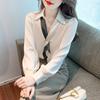 Camisa de Gasa Satinada Moderna Profesional Versátil Top con Lazo para Mujer Nicho Cuello en V Manga Larga Camisa Primavera Nuevo Estilo