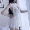 Ropa Interior Sexy de Gama Alta Hot Rabbit Pijama de Malla Transparente Vestido de Noche para Mujer con Cuello Halter y Espalda Descubierta Encaje Tentación Ropa para el Hogar