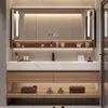 Conjunto moderno minimalista de lavatório e gabinete de banheiro estilo smart para hotel, incluindo um gabinete de banheiro em placa de rocha e uma cuba integrada
