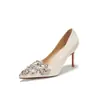 9169A-236 Salto Alto com Strass Feminino Bico Fino Salto Agulha com Tecido Brilhante, Renda Sapatos Elegantes para Casamento e Banquetes