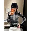 Suéter de punto de manga larga con botones, cuello medio abierto, a rayas y bloques de color, estilo Zhang Zifeng, para mujer, nueva camiseta básica de principios de otoño