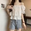 Albaricoque camisa de muñeca con tirantes descubiertos y manga abullonada para mujer verano 2024 nuevo chic cuello cuadrado manga corta camisa top corto