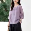 Camisa de Râmi para Mulheres, Mangas Três Quartos, Nova Coleção Verão 2026 Estilo Chinês Bordado, Blusa Bordada Gola Redonda