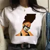 2022INS Niña de Cabello Afro Rizado Niña Negra Estampado de Dibujos Animados Cuello Redondo Manga Corta Top Camiseta Blanca Estudiante