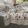 Juego de ropa de cama de cuatro piezas de algodón lavado con encaje color crema estilo japonés para niñas, funda de edredón estilo coreano, sábana bajera y funda de edredón, juego de tres piezas para dormitorio