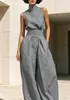 Conjunto de pantalón ancho sin mangas de cuello alto de algodón y lino para mujer, nuevo, transfronterizo europeo y americano, elegante y casual, ropa de trabajo