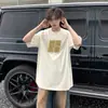 Camiseta Gris Floral de Peso Pesado con Hombro Normal para Hombre, Marca Trendy de Verano Estampada de Manga Corta Corte Limpio Estilo High Street Americano, Manga Tres Cuartos