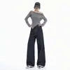 Jeans anchos de pierna ancha para mujer, diseño de bloques de color patchwork a rayas, color naranja joven, corte holgado, adelgazante, favorecedor, versátil y de largo hasta el suelo