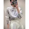 Nova Camisa Estilo Chinês com Botão, Gola Alta Vertical, Estampada, Manga Longa, Outono Novo, Elegante, Vintage, Jacquard, Top Estilo Chinês, Roupa Feminina
