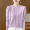 Listo para usar de primera línea 100 Lana Tejidos Redondo Cuello Mujer Tejidos de Lana Cuello en V Versátil Suéter Tejido Suelto Camisa Base