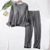 Venda Direta da Fábrica conjunto de 2 peças para mulheres, gola V, manga longa, calça com bojo, fino, solto, roupa de casa, pijama de cor sólida para mulheres