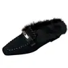 Mocassins peludos estilo coreano retrô para mulheres, sapatos baixos slip-on de inverno, forrados com fleece para aquecimento, adequados para uso externo, estilo meia-chinelo
